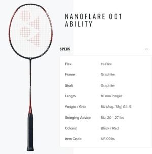 YONEX Nanoflare 001 Ability Badminton Racquet (Strung) Graphite Frame HiFlex Slim Shaft Racket BlackRed